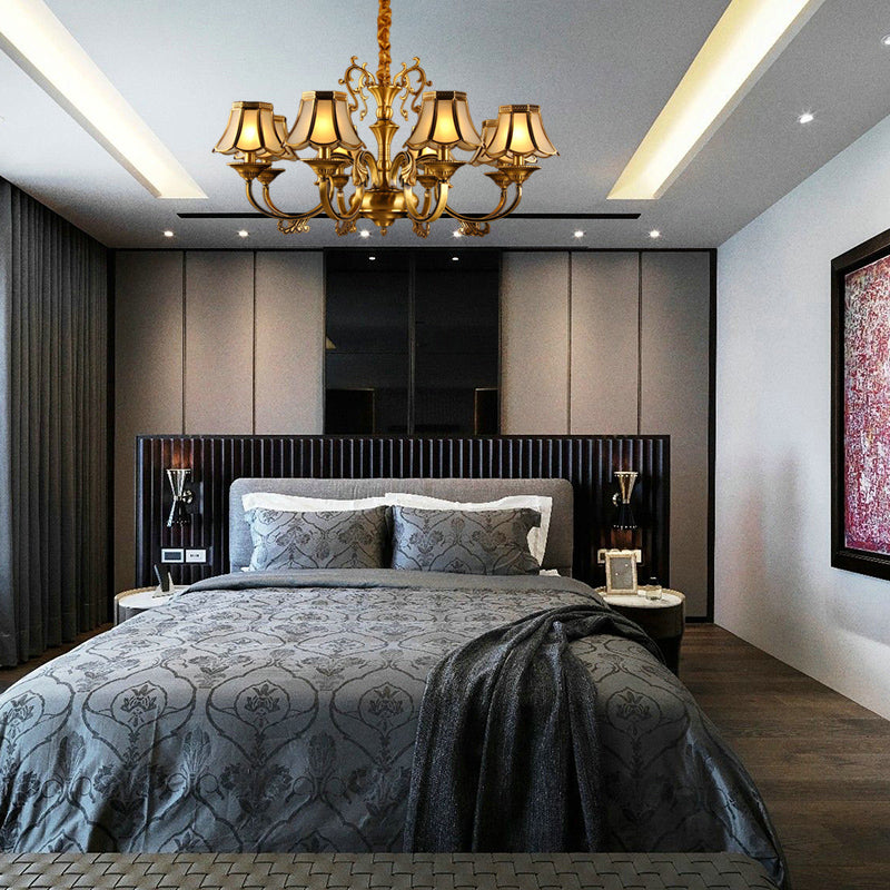 Frosted Glass Gold Pendant Chandelier Scalloped 3/5/6 Bulbs Colonial Suspended Lighting Fixture with Radial Design Clearhalo 'Ceiling Lights' 'Chandeliers' 'Glass shade' 'Glass' Lighting' 284432