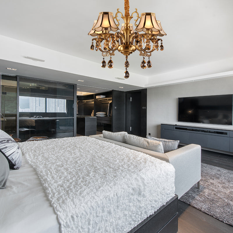 Colonial Scalloped Hanging Chandelier 5/6/8 Lights White Frosted Glass Down Lighting Pendant in Gold with Crystal Drop Clearhalo 'Ceiling Lights' 'Chandeliers' 'Glass shade' 'Glass' Lighting' 284454