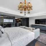 Colonial Scalloped Hanging Chandelier 5/6/8 Lights White Frosted Glass Down Lighting Pendant in Gold with Crystal Drop Clearhalo 'Ceiling Lights' 'Chandeliers' 'Glass shade' 'Glass' Lighting' 284454