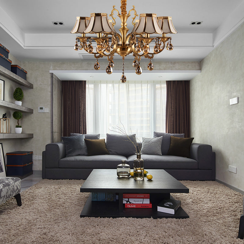 Colonial Scalloped Hanging Chandelier 5/6/8 Lights White Frosted Glass Down Lighting Pendant in Gold with Crystal Drop Clearhalo 'Ceiling Lights' 'Chandeliers' 'Glass shade' 'Glass' Lighting' 284459