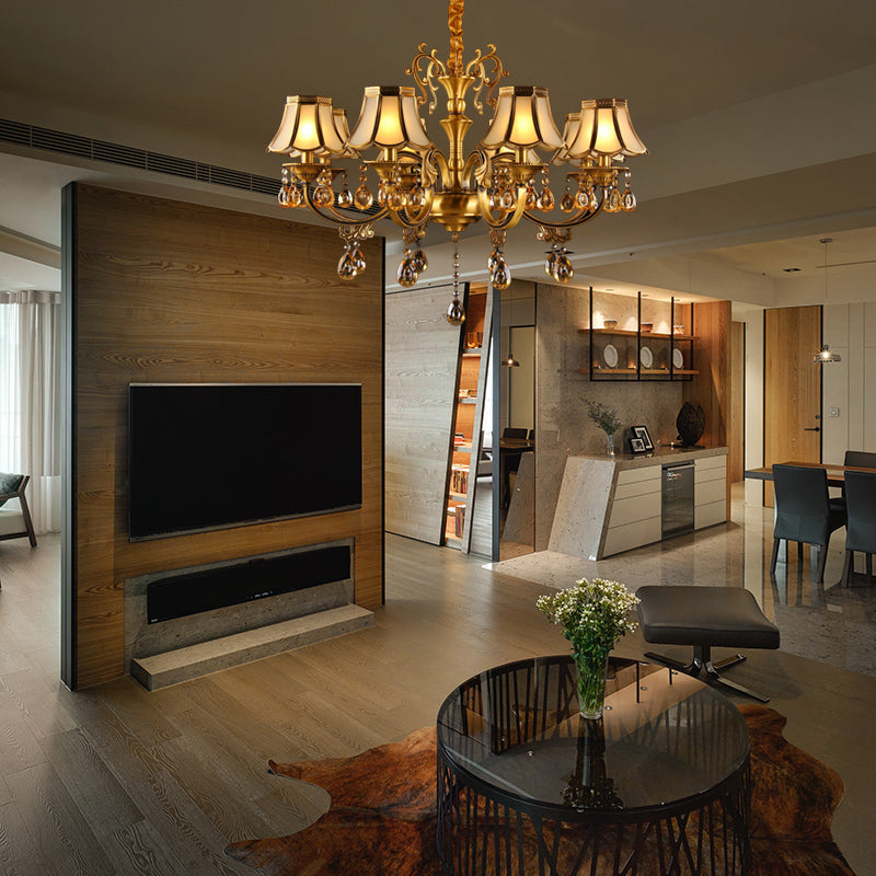 Colonial Scalloped Hanging Chandelier 5/6/8 Lights White Frosted Glass Down Lighting Pendant in Gold with Crystal Drop Clearhalo 'Ceiling Lights' 'Chandeliers' 'Glass shade' 'Glass' Lighting' 284463