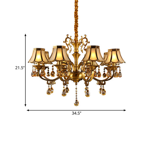 Colonial Scalloped Hanging Chandelier 5/6/8 Lights White Frosted Glass Down Lighting Pendant in Gold with Crystal Drop Clearhalo 'Ceiling Lights' 'Chandeliers' 'Glass shade' 'Glass' Lighting' 284465