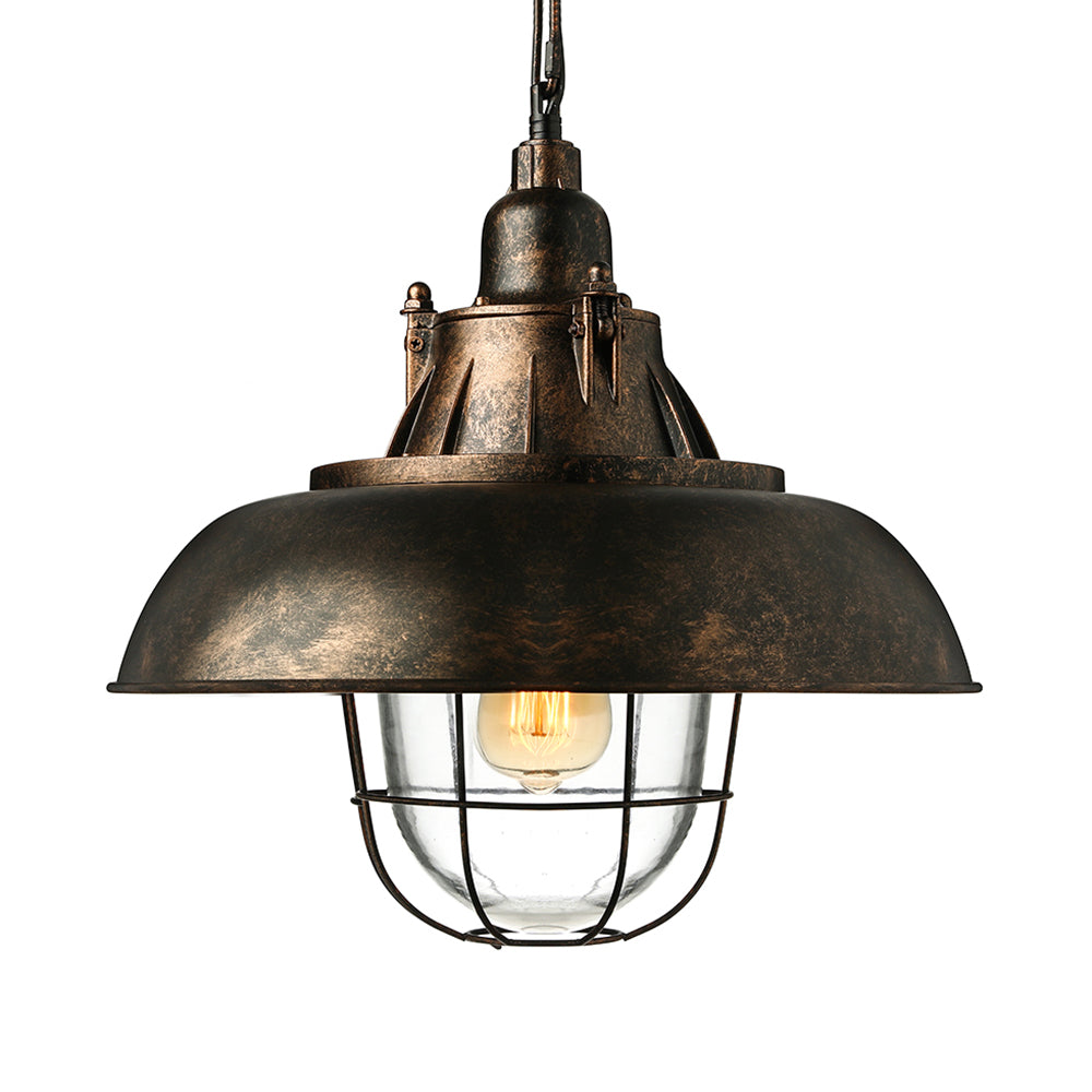 1 Head Bowl Hanging Fixture Industrial Black/Rust Metal and Glass Ceiling Light with Wire Cage for Restaurant Clearhalo 'Ceiling Lights' 'Close To Ceiling Lights' 'Glass shade' 'Glass' 'Industrial Pendants' 'Industrial' 'Middle Century Pendants' 'Pendant Lights' 'Pendants' 'Tiffany' Lighting' 2845