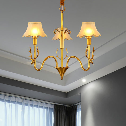 Scalloped Dining Room Hanging Lamp Colonial Frosted Glass 3/5/6 Lights Gold Finish Chandelier Light Fixture 3 Gold Clearhalo 'Ceiling Lights' 'Chandeliers' 'Glass shade' 'Glass' 'Pendant Lights' Lighting' 284540