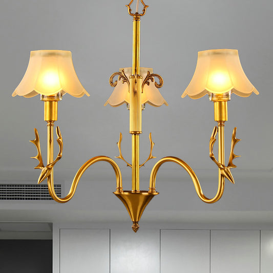 Scalloped Dining Room Hanging Lamp Colonial Frosted Glass 3/5/6 Lights Gold Finish Chandelier Light Fixture Clearhalo 'Ceiling Lights' 'Chandeliers' 'Glass shade' 'Glass' 'Pendant Lights' Lighting' 284541