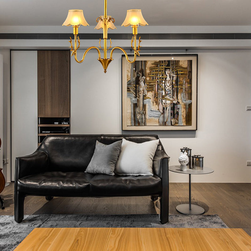 Scalloped Dining Room Hanging Lamp Colonial Frosted Glass 3/5/6 Lights Gold Finish Chandelier Light Fixture Clearhalo 'Ceiling Lights' 'Chandeliers' 'Glass shade' 'Glass' 'Pendant Lights' Lighting' 284542