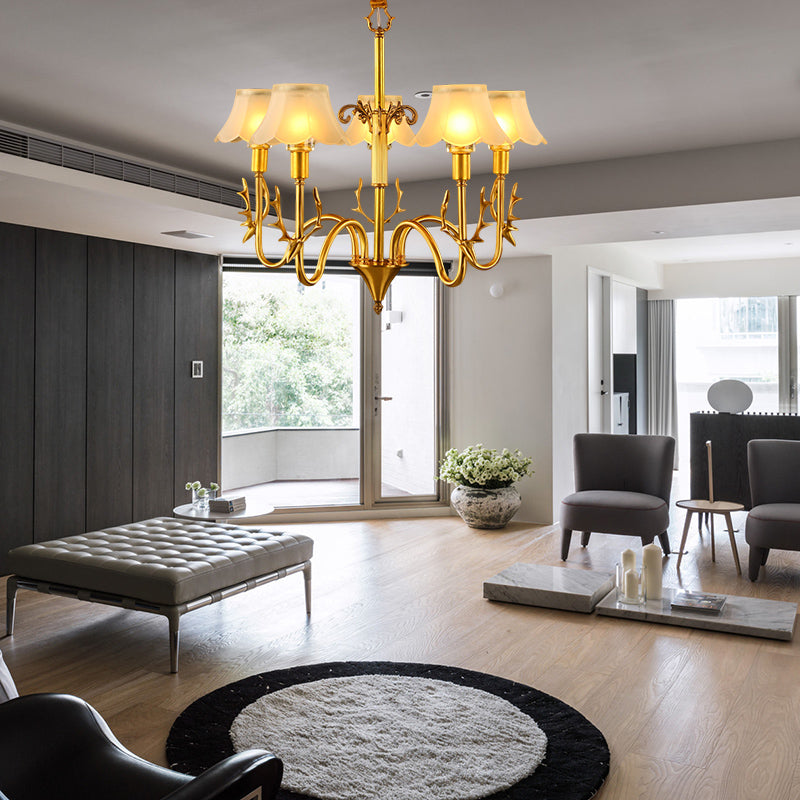 Scalloped Dining Room Hanging Lamp Colonial Frosted Glass 3/5/6 Lights Gold Finish Chandelier Light Fixture Clearhalo 'Ceiling Lights' 'Chandeliers' 'Glass shade' 'Glass' 'Pendant Lights' Lighting' 284546