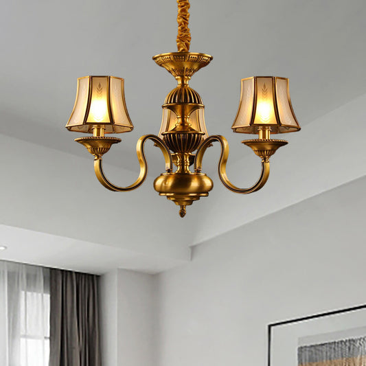 3/5/6 Lights Flared Chandelier Lighting Colonialism Gold Frosted Glass Hanging Ceiling Lamp 3 Gold Clearhalo 'Ceiling Lights' 'Chandeliers' 'Glass shade' 'Glass' Lighting' 284580