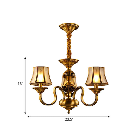 3/5/6 Lights Flared Chandelier Lighting Colonialism Gold Frosted Glass Hanging Ceiling Lamp Clearhalo 'Ceiling Lights' 'Chandeliers' 'Glass shade' 'Glass' Lighting' 284584