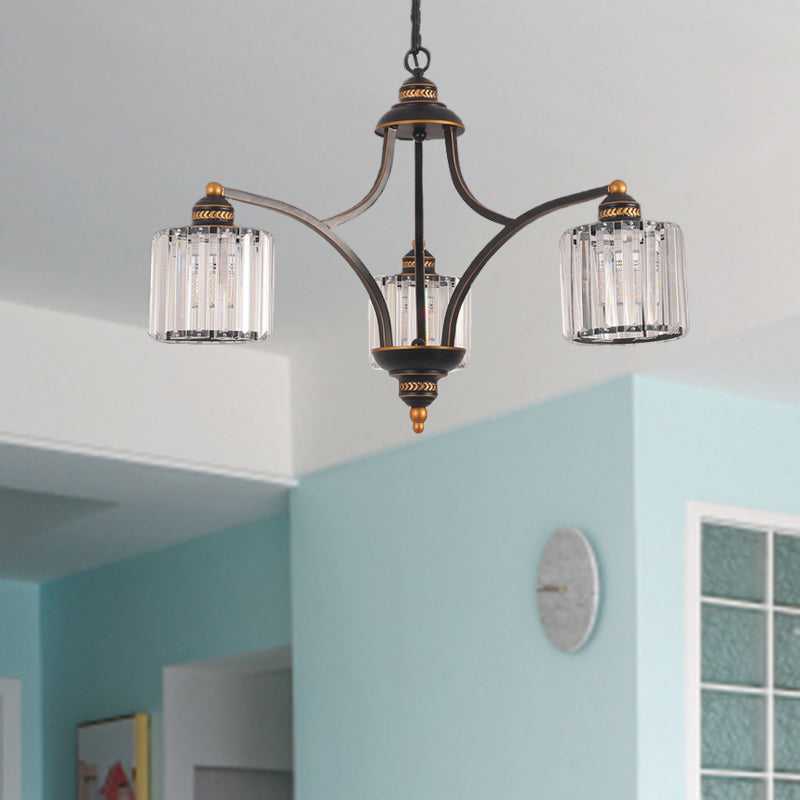 Curved Arm Living Room Chandelier Light Traditional Clear Tri-Sided Crystal Rod 3/5/6 Heads Black Ceiling Light Fixture 3 Clear Clearhalo 'Ceiling Lights' 'Chandeliers' Lighting' options 284606_c6b98ee0-a9bb-4dc4-83d5-efd53ebf4843