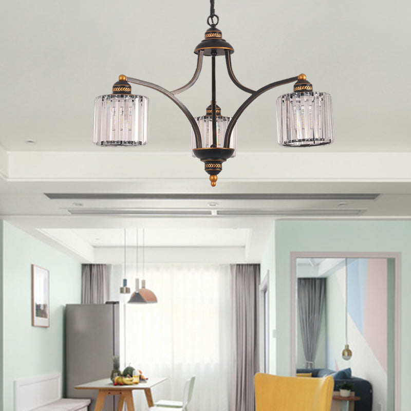 Curved Arm Living Room Chandelier Light Traditional Clear Tri-Sided Crystal Rod 3/5/6 Heads Black Ceiling Light Fixture Clearhalo 'Ceiling Lights' 'Chandeliers' Lighting' options 284608