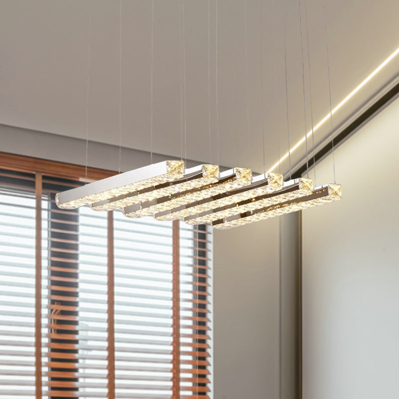 Linear Living Room Ceiling Chandelier Simple Style K9 Crystal 6/9 Heads Silver Hanging Light in Warm/White Light Clearhalo 'Ceiling Lights' 'Chandeliers' Lighting' options 284640