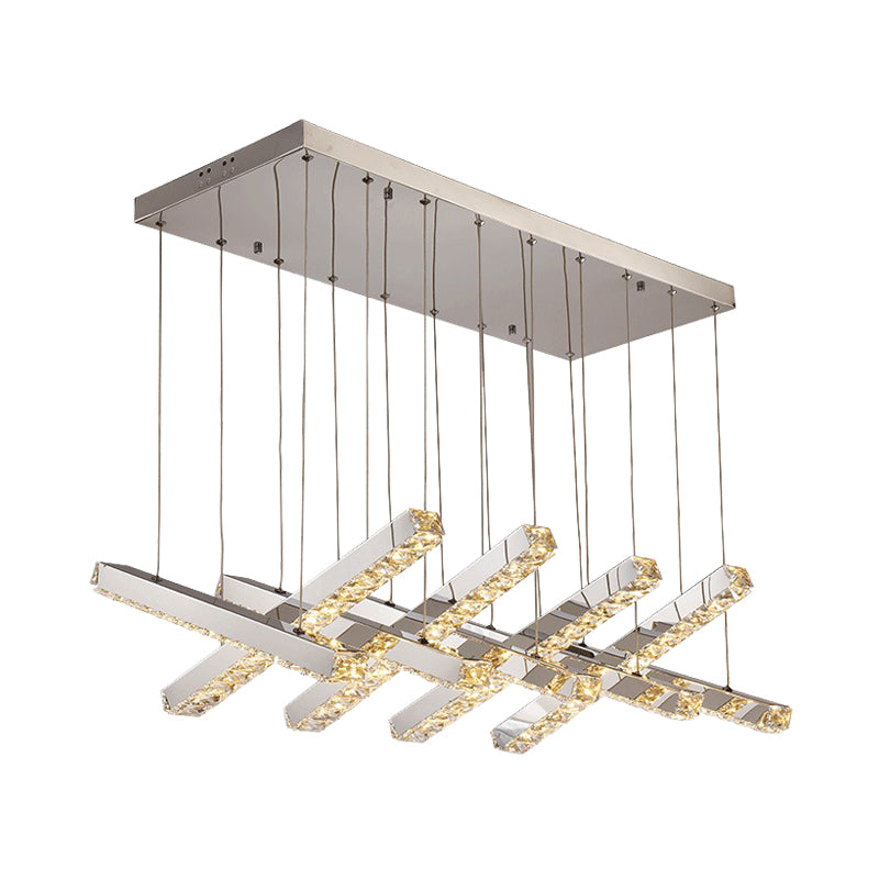 Linear Living Room Ceiling Chandelier Simple Style K9 Crystal 6/9 Heads Silver Hanging Light in Warm/White Light Clearhalo 'Ceiling Lights' 'Chandeliers' Lighting' options 284647