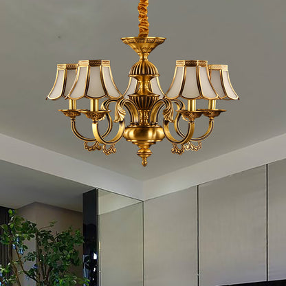 5/6/8 Heads Beige Frosted Glass Pendant Chandelier Colonial Gold Finish Scallope Living Room Suspension Lighting 5 Gold Clearhalo 'Ceiling Lights' 'Chandeliers' 'Glass shade' 'Glass' 'Pendant Lights' Lighting' 284657