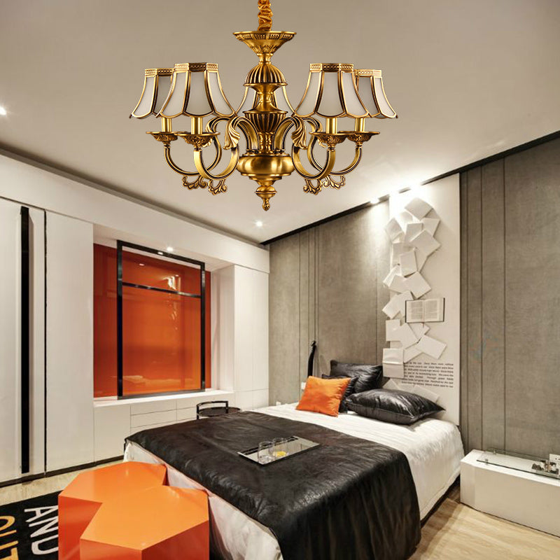 5/6/8 Heads Beige Frosted Glass Pendant Chandelier Colonial Gold Finish Scallope Living Room Suspension Lighting Clearhalo 'Ceiling Lights' 'Chandeliers' 'Glass shade' 'Glass' 'Pendant Lights' Lighting' 284659