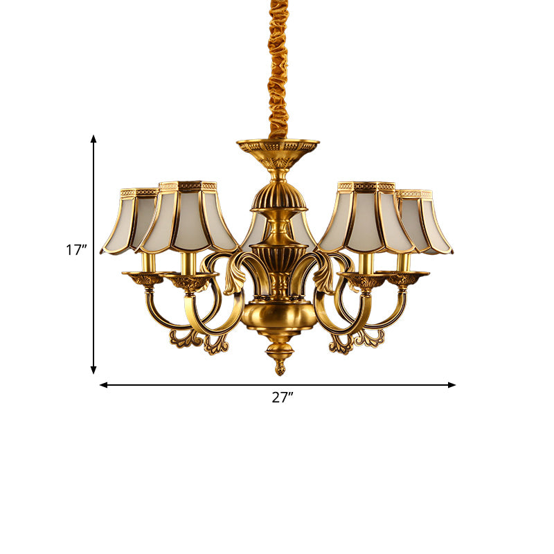 5/6/8 Heads Beige Frosted Glass Pendant Chandelier Colonial Gold Finish Scallope Living Room Suspension Lighting Clearhalo 'Ceiling Lights' 'Chandeliers' 'Glass shade' 'Glass' 'Pendant Lights' Lighting' 284661