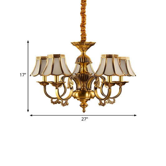 5/6/8 Heads Beige Frosted Glass Pendant Chandelier Colonial Gold Finish Scallope Living Room Suspension Lighting Clearhalo 'Ceiling Lights' 'Chandeliers' 'Glass shade' 'Glass' 'Pendant Lights' Lighting' 284661