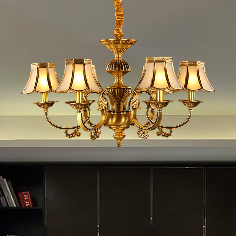 5/6/8 Heads Beige Frosted Glass Pendant Chandelier Colonial Gold Finish Scallope Living Room Suspension Lighting 6 Gold Clearhalo 'Ceiling Lights' 'Chandeliers' 'Glass shade' 'Glass' 'Pendant Lights' Lighting' 284663