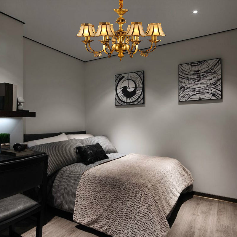 5/6/8 Heads Beige Frosted Glass Pendant Chandelier Colonial Gold Finish Scallope Living Room Suspension Lighting Clearhalo 'Ceiling Lights' 'Chandeliers' 'Glass shade' 'Glass' 'Pendant Lights' Lighting' 284668