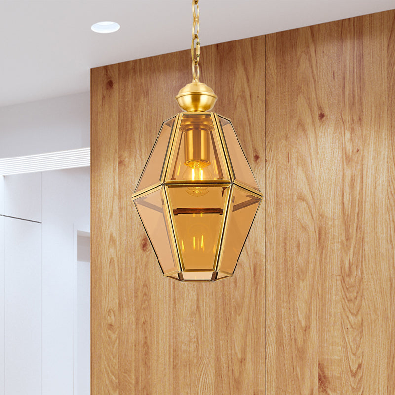 1 Bulb Ceiling Pendant Light Colonialism Living Room Hanging Lamp with Geometric Clear/Yellow Glass Shade Yellow Clearhalo 'Ceiling Lights' 'Glass shade' 'Glass' 'Pendant Lights' 'Pendants' Lighting' 284703