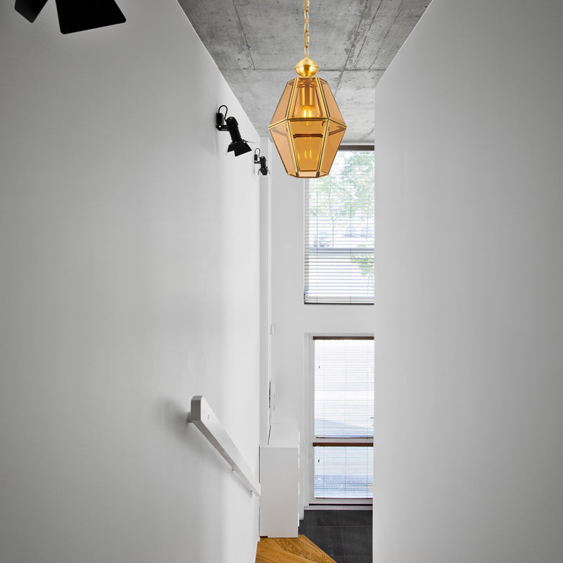 1 Bulb Ceiling Pendant Light Colonialism Living Room Hanging Lamp with Geometric Clear/Yellow Glass Shade Clearhalo 'Ceiling Lights' 'Glass shade' 'Glass' 'Pendant Lights' 'Pendants' Lighting' 284705
