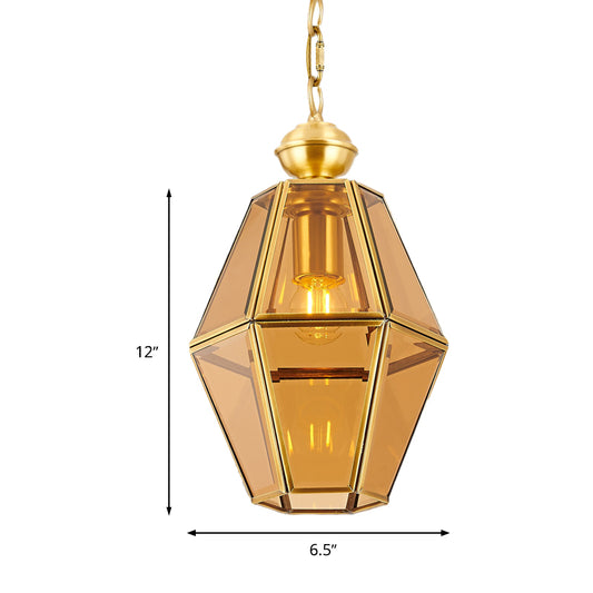 1 Bulb Ceiling Pendant Light Colonialism Living Room Hanging Lamp with Geometric Clear/Yellow Glass Shade Clearhalo 'Ceiling Lights' 'Glass shade' 'Glass' 'Pendant Lights' 'Pendants' Lighting' 284707
