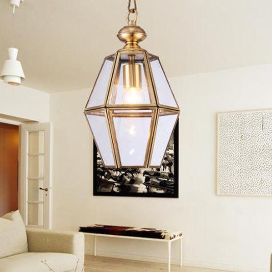 1 Bulb Ceiling Pendant Light Colonialism Living Room Hanging Lamp with Geometric Clear/Yellow Glass Shade Clear Clearhalo 'Ceiling Lights' 'Glass shade' 'Glass' 'Pendant Lights' 'Pendants' Lighting' 284709