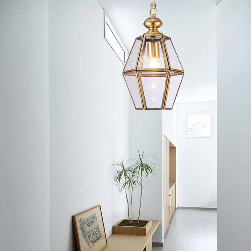 1 Bulb Ceiling Pendant Light Colonialism Living Room Hanging Lamp with Geometric Clear/Yellow Glass Shade Clearhalo 'Ceiling Lights' 'Glass shade' 'Glass' 'Pendant Lights' 'Pendants' Lighting' 284710