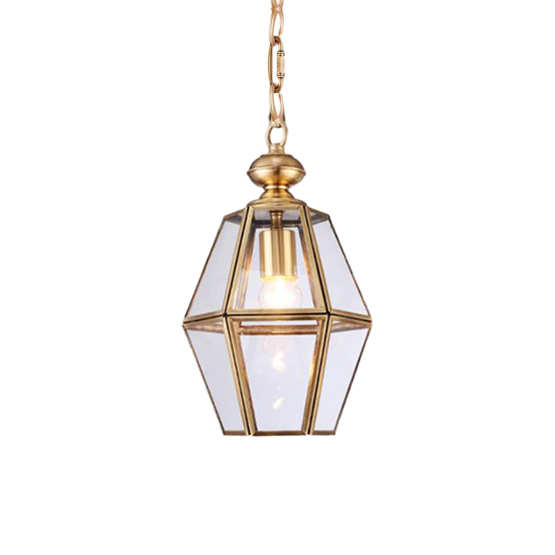 1 Bulb Ceiling Pendant Light Colonialism Living Room Hanging Lamp with Geometric Clear/Yellow Glass Shade Clearhalo 'Ceiling Lights' 'Glass shade' 'Glass' 'Pendant Lights' 'Pendants' Lighting' 284711