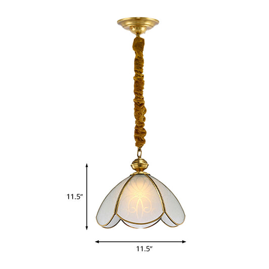 Colonial Flower Hanging Pendant 1 Head Frosted White Glass Suspended Lighting Fixture for Hall Clearhalo 'Ceiling Lights' 'Chandeliers' 'Glass shade' 'Glass' 'Pendant Lights' 'Pendants' Lighting' 284729