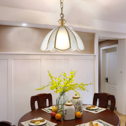 1 Bulb Ceiling Pendant Light Colonialism Kitchen Hanging Lamp with Scallop White Glass Shade Clearhalo 'Ceiling Lights' 'Chandeliers' 'Glass shade' 'Glass' 'Pendant Lights' 'Pendants' Lighting' 284733