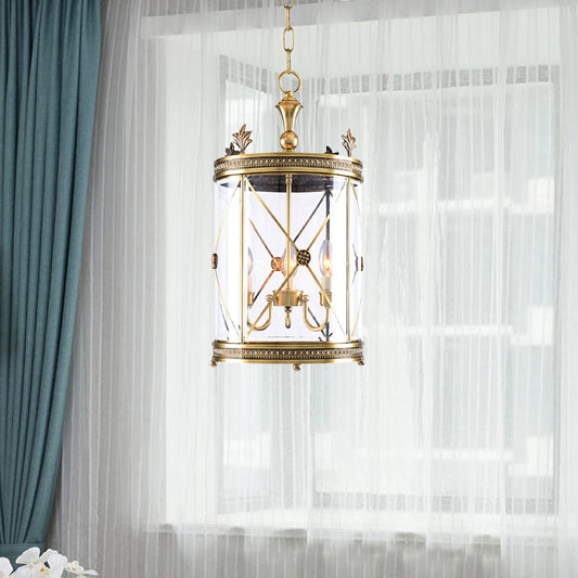 Colonialism Cylindrical Hanging Pendant 3 Heads Clear Glass Chandelier Lighting Fixture in Gold Gold Clearhalo 'Ceiling Lights' 'Chandeliers' 'Glass shade' 'Glass' Lighting' 284766