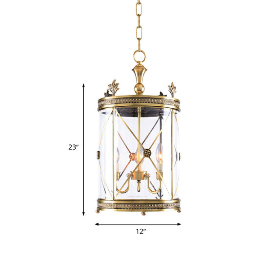 Colonialism Cylindrical Hanging Pendant 3 Heads Clear Glass Chandelier Lighting Fixture in Gold Clearhalo 'Ceiling Lights' 'Chandeliers' 'Glass shade' 'Glass' Lighting' 284770