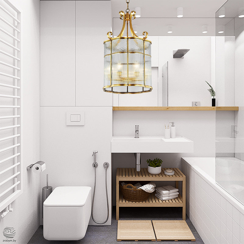 22"/23" H 4 Bulbs Cylinder Pendant Lamp Colonial Gold Clear Prismatic Glass Chandelier Light Fixture for Living Room Clearhalo 'Ceiling Lights' 'Chandeliers' 'Glass shade' 'Glass' Lighting' 284773