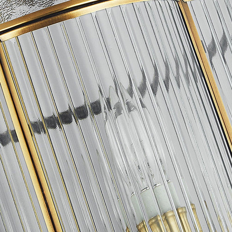 22"/23" H 4 Bulbs Cylinder Pendant Lamp Colonial Gold Clear Prismatic Glass Chandelier Light Fixture for Living Room Clearhalo 'Ceiling Lights' 'Chandeliers' 'Glass shade' 'Glass' Lighting' 284776