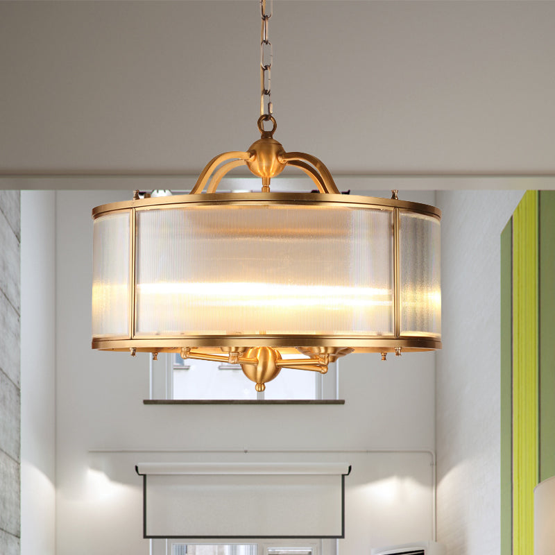 Drum Kitchen Ceiling Chandelier Colonial Frosted Ribbed Glass 4/5 Heads Gold Hanging Light Fixture Clearhalo 'Ceiling Lights' 'Chandeliers' 'Glass shade' 'Glass' Lighting' 284782