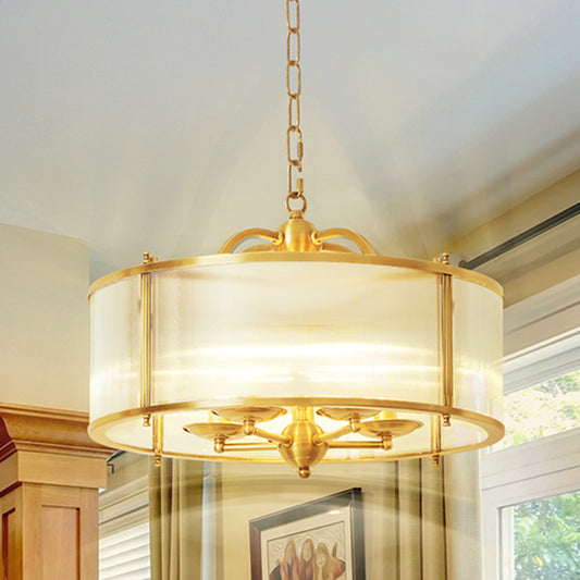 Drum Kitchen Ceiling Chandelier Colonial Frosted Ribbed Glass 4/5 Heads Gold Hanging Light Fixture 5 Gold Clearhalo 'Ceiling Lights' 'Chandeliers' 'Glass shade' 'Glass' Lighting' 284787