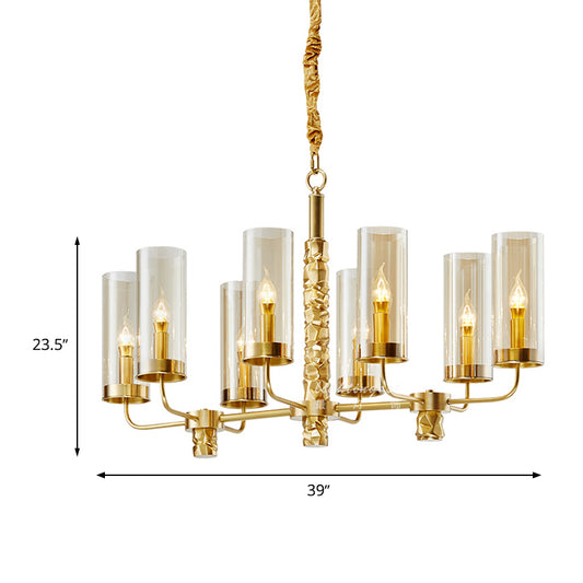 Gold 8 Heads Chandelier Lighting Colonialism Clear Glass Cylinder Pendant Ceiling Light Clearhalo 'Ceiling Lights' 'Chandeliers' 'Glass shade' 'Glass' Lighting' 284795