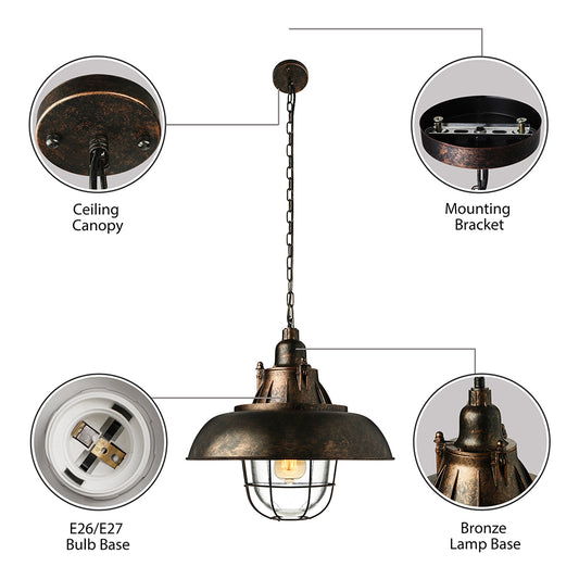1 Head Bowl Hanging Fixture Industrial Black/Rust Metal and Glass Ceiling Light with Wire Cage for Restaurant Clearhalo 'Ceiling Lights' 'Close To Ceiling Lights' 'Glass shade' 'Glass' 'Industrial Pendants' 'Industrial' 'Middle Century Pendants' 'Pendant Lights' 'Pendants' 'Tiffany' Lighting' 2847