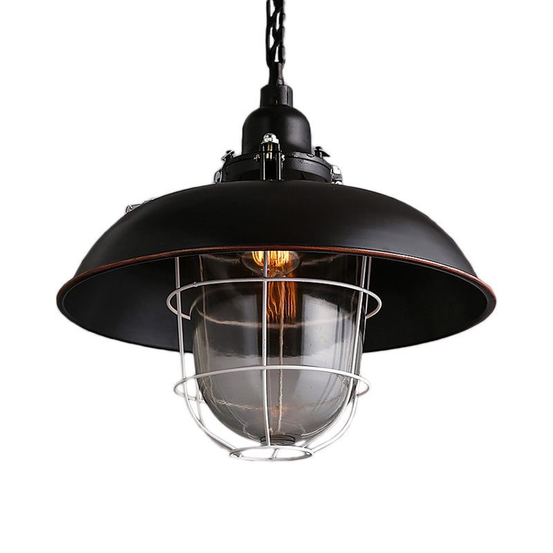 1 Head Bowl Hanging Fixture Industrial Black/Rust Metal and Glass Ceiling Light with Wire Cage for Restaurant Clearhalo 'Ceiling Lights' 'Close To Ceiling Lights' 'Glass shade' 'Glass' 'Industrial Pendants' 'Industrial' 'Middle Century Pendants' 'Pendant Lights' 'Pendants' 'Tiffany' Lighting' 2848