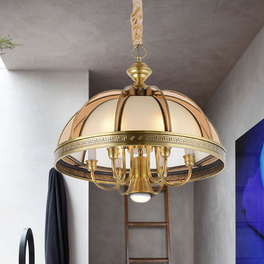 7 Bulbs Bowl Hanging Chandelier Colonial Brass Frosted Glass Ceiling Suspension Lamp for Kitchen, 16.5"/20.5" Wide Brass Clearhalo 'Ceiling Lights' 'Chandeliers' 'Glass shade' 'Glass' Lighting' 284813