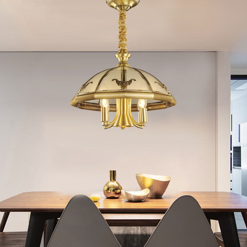 5 Bulbs Sandblasted Glass Chandelier Colonial Brass Dome Bedroom Pendant Lighting Fixture Clearhalo 'Ceiling Lights' 'Chandeliers' 'Glass shade' 'Glass' Lighting' 284821