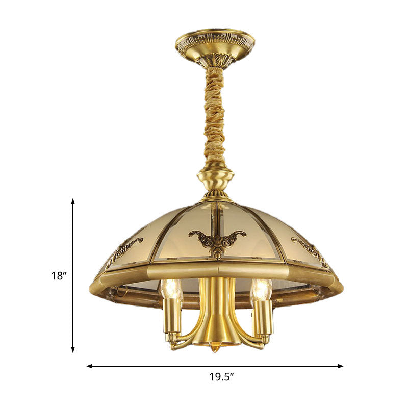 5 Bulbs Sandblasted Glass Chandelier Colonial Brass Dome Bedroom Pendant Lighting Fixture Clearhalo 'Ceiling Lights' 'Chandeliers' 'Glass shade' 'Glass' Lighting' 284823