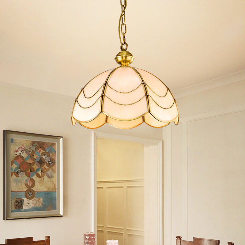 Scalloped White Glass Chandelier Light Colonialist 3 Bulbs Dining Room Pendant Lamp White Clearhalo 'Ceiling Lights' 'Chandeliers' 'Glass shade' 'Glass' Lighting' 284825