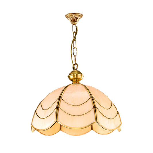 Scalloped White Glass Chandelier Light Colonialist 3 Bulbs Dining Room Pendant Lamp Clearhalo 'Ceiling Lights' 'Chandeliers' 'Glass shade' 'Glass' Lighting' 284828