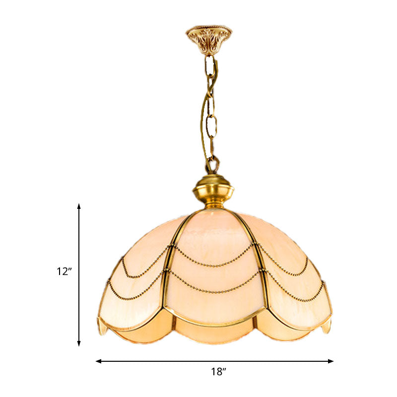 Scalloped White Glass Chandelier Light Colonialist 3 Bulbs Dining Room Pendant Lamp Clearhalo 'Ceiling Lights' 'Chandeliers' 'Glass shade' 'Glass' Lighting' 284829