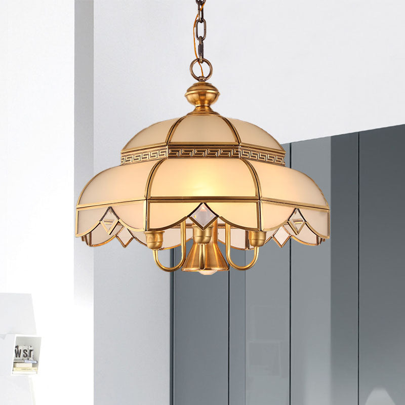 Brass 5 Heads Chandelier Lighting Colonialism Cream Glass Dome Pendant Ceiling Light for Dining Room Brass Clearhalo 'Ceiling Lights' 'Chandeliers' 'Glass shade' 'Glass' Lighting' 284831