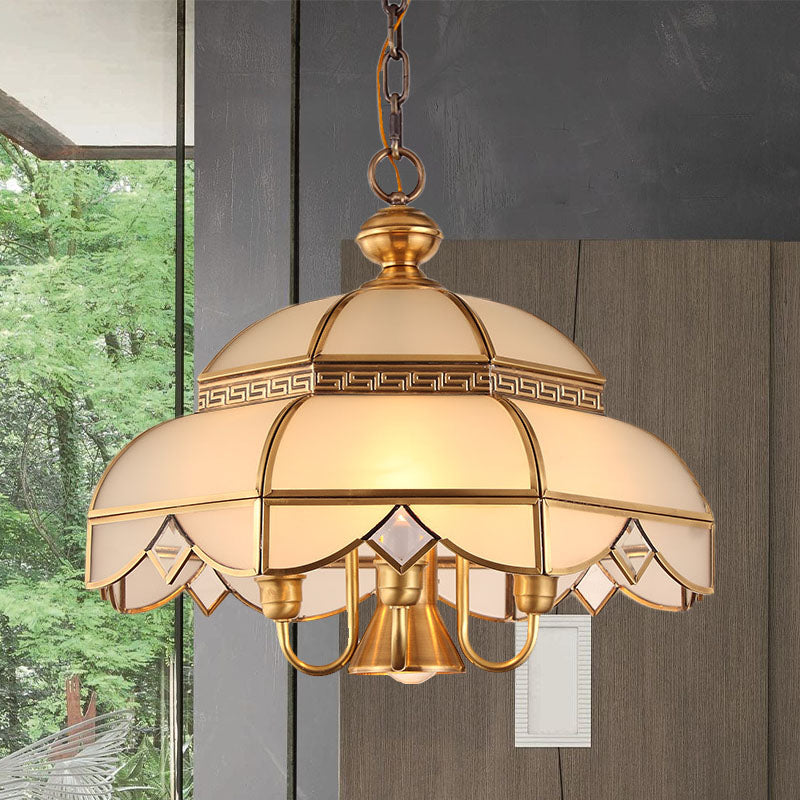 Brass 5 Heads Chandelier Lighting Colonialism Cream Glass Dome Pendant Ceiling Light for Dining Room Clearhalo 'Ceiling Lights' 'Chandeliers' 'Glass shade' 'Glass' Lighting' 284832