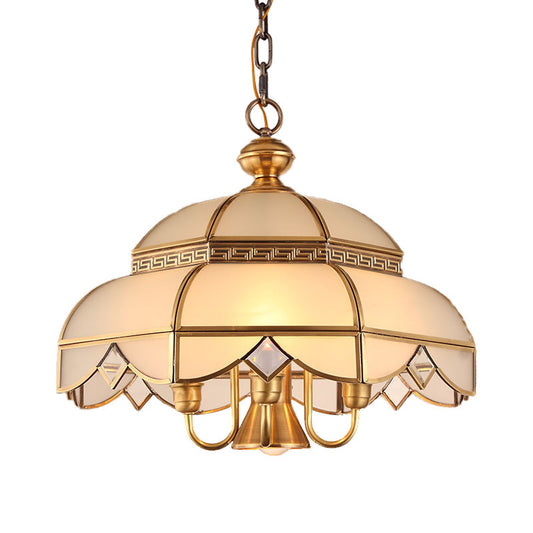 Brass 5 Heads Chandelier Lighting Colonialism Cream Glass Dome Pendant Ceiling Light for Dining Room Clearhalo 'Ceiling Lights' 'Chandeliers' 'Glass shade' 'Glass' Lighting' 284834