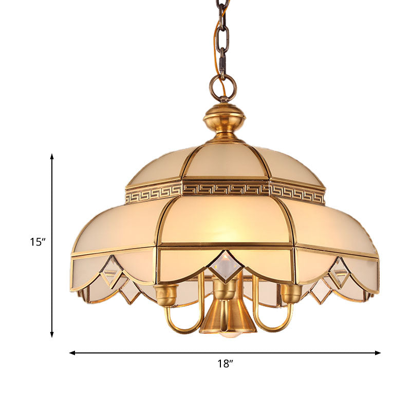 Brass 5 Heads Chandelier Lighting Colonialism Cream Glass Dome Pendant Ceiling Light for Dining Room Clearhalo 'Ceiling Lights' 'Chandeliers' 'Glass shade' 'Glass' Lighting' 284835